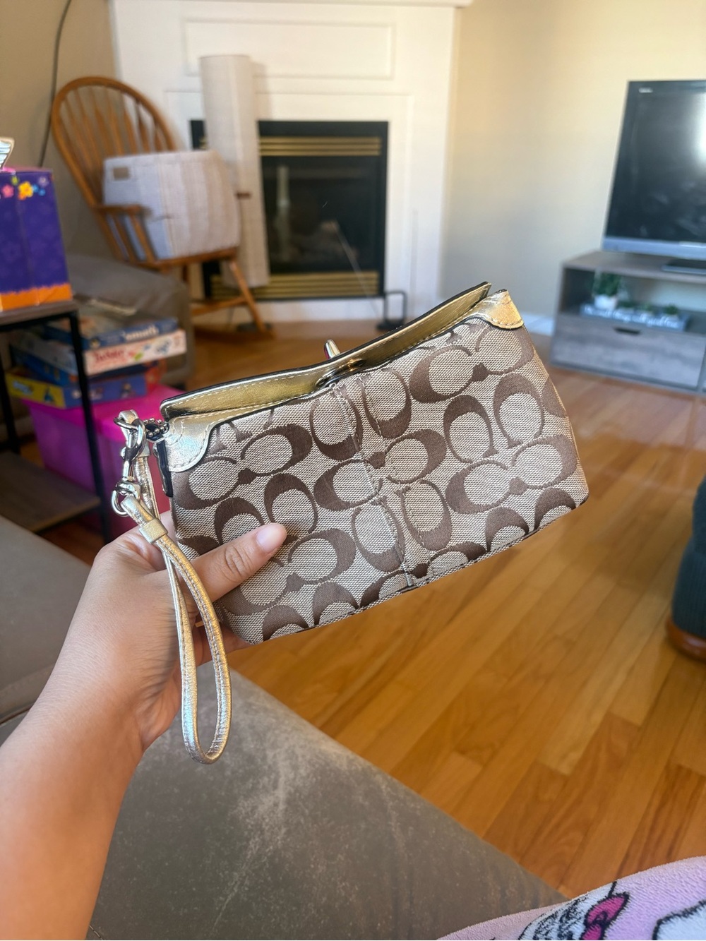 Coach Beige & Brown Signature Canvas Wristlet with Gold Trim